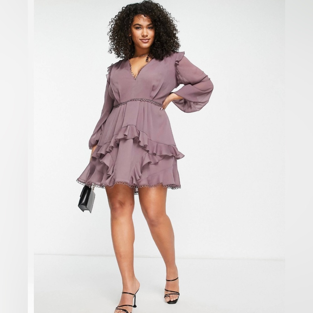 ASOS DESIGN Curve mini dress w/ long sleeve and circle trim in mauve US 18/UK 22